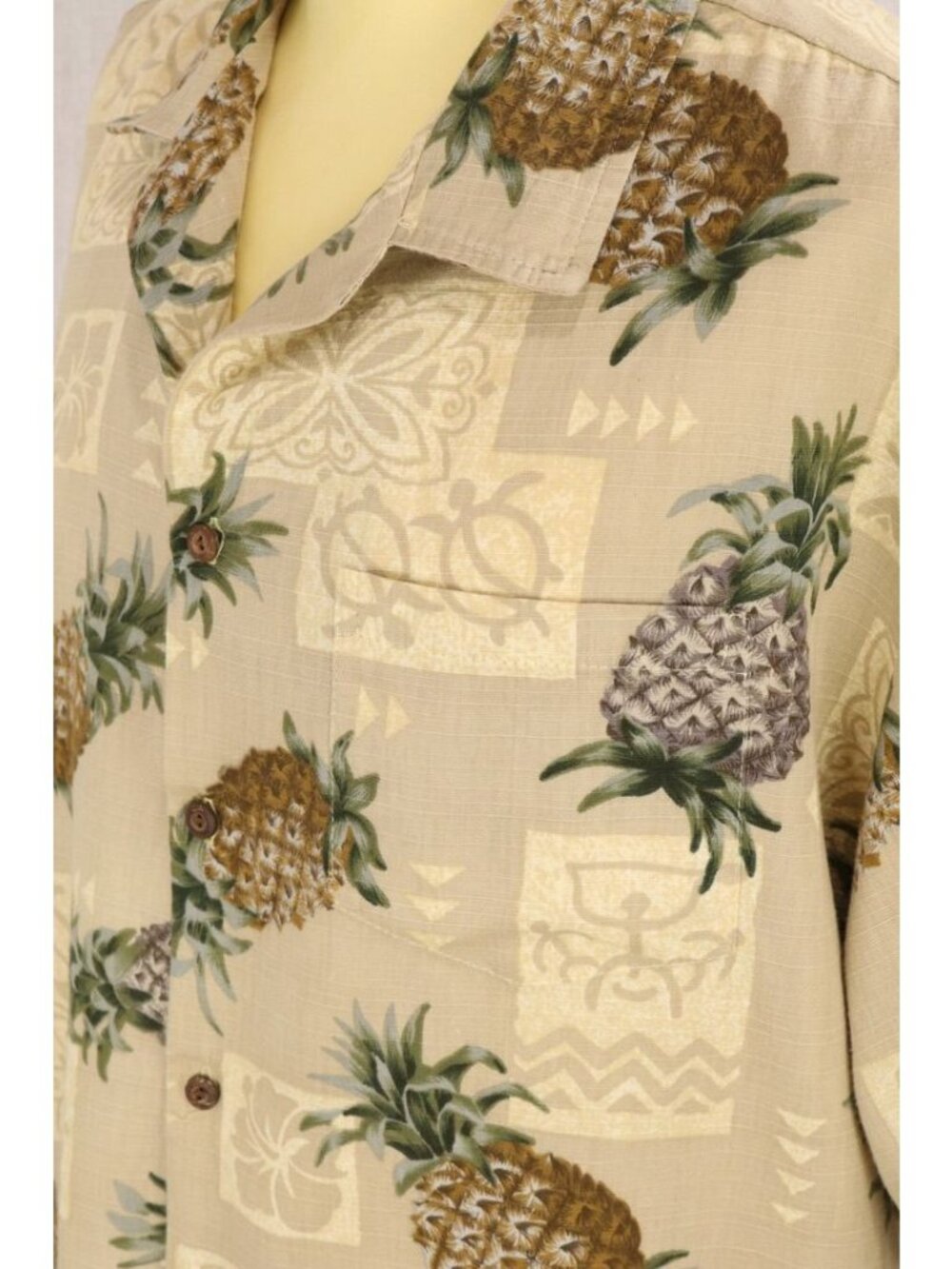 Grandpacore Aloha Hawaiian Shirt Men 2XL Tan Pineapple Honu Hibiscus Tapa VTG 90 - Picture 2 of 13